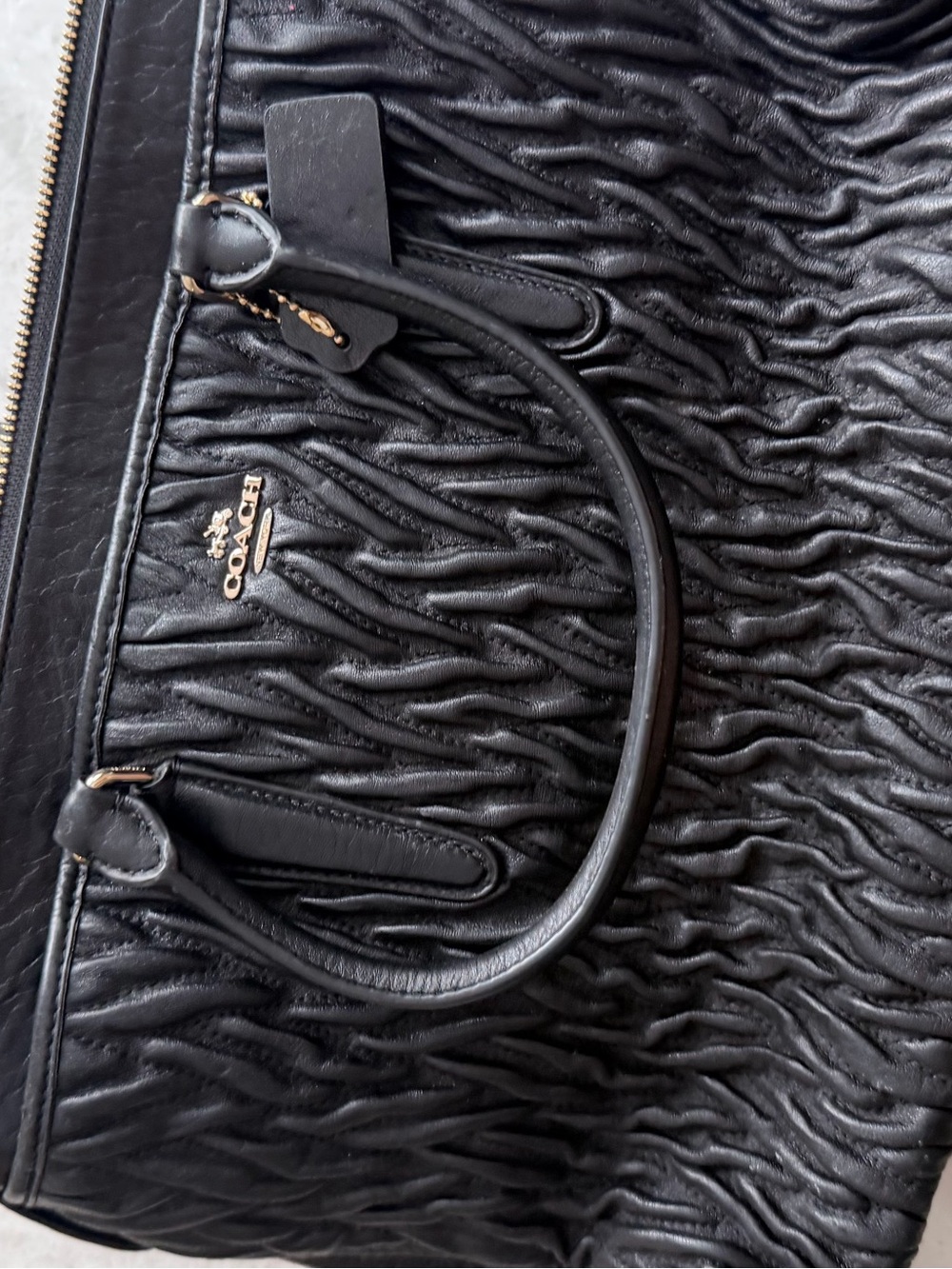 Coach Black Ruched Leather Tote with Gold Logo